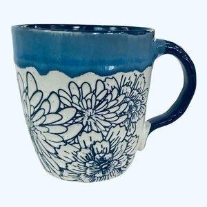 La Rochelle Artisan French Art Deco Mug Blue Drip Glaze Floral Coffee Cup